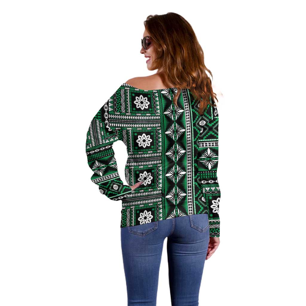 Fiji Masi Tapa Pattern Green Off Shoulder Sweater - Polynesian Pride