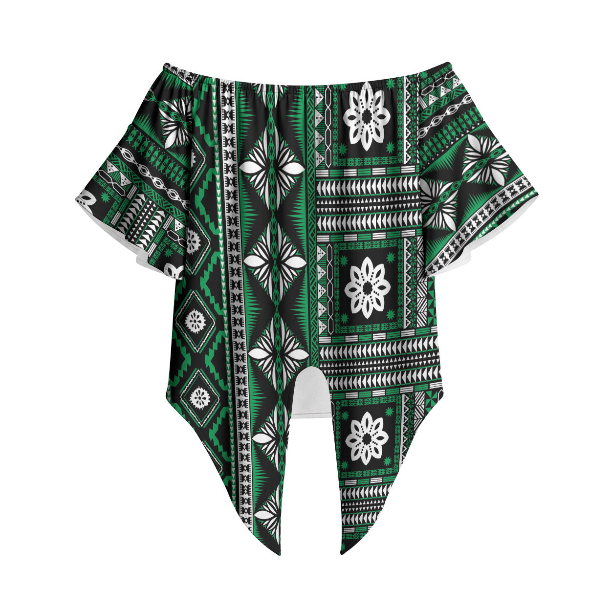 Fiji Masi Tapa Pattern Green Off Shoulder Wrap Waist Top LT01 Green - Polynesian Pride