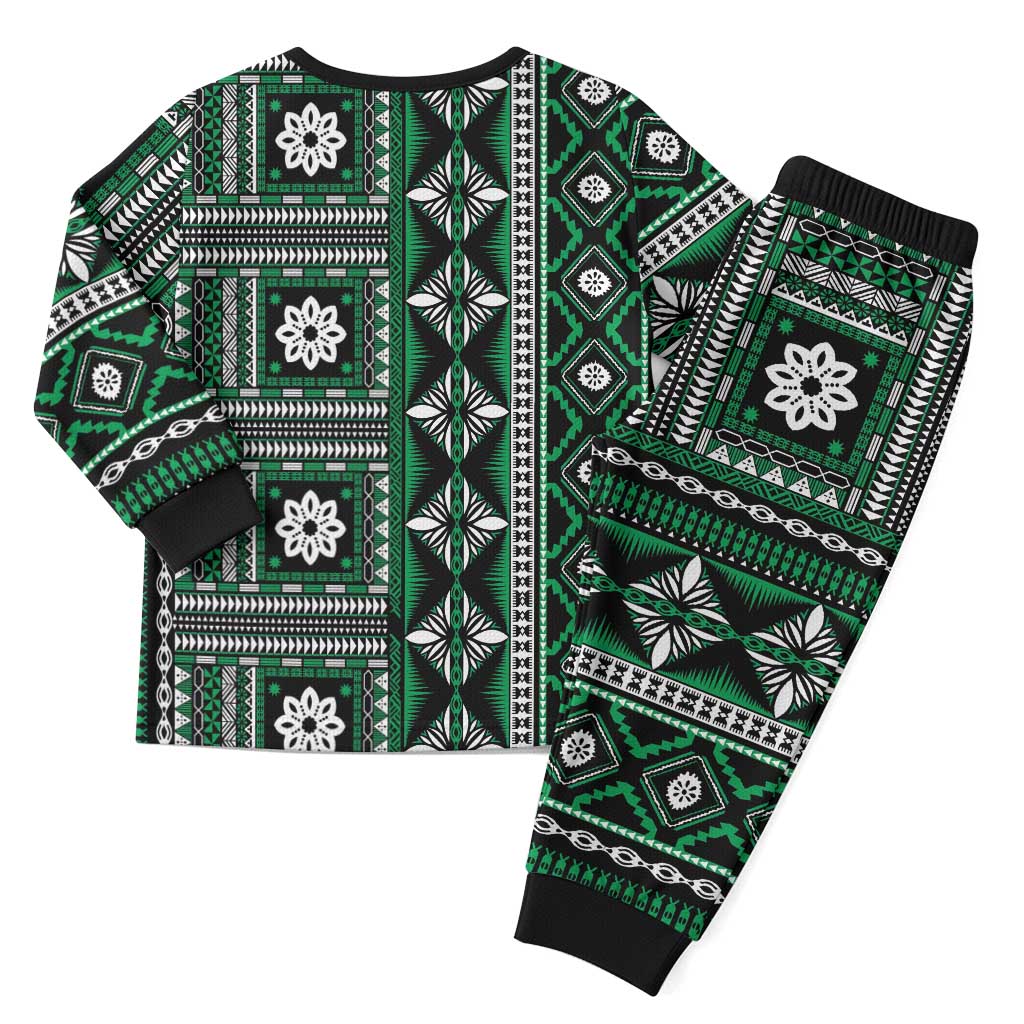 Fiji Masi Tapa Pattern Green Christmas Pajama Set - Polynesian Pride