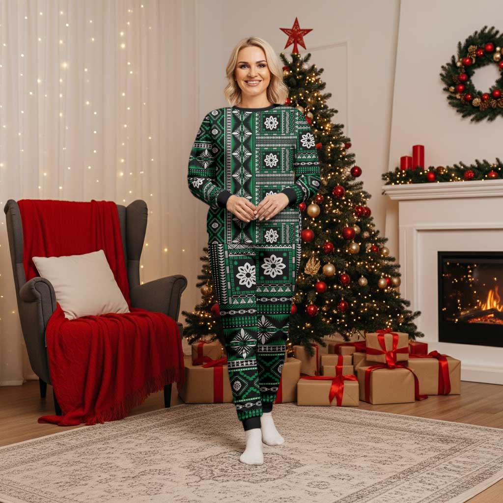 Fiji Masi Tapa Pattern Green Christmas Pajama Set - Polynesian Pride