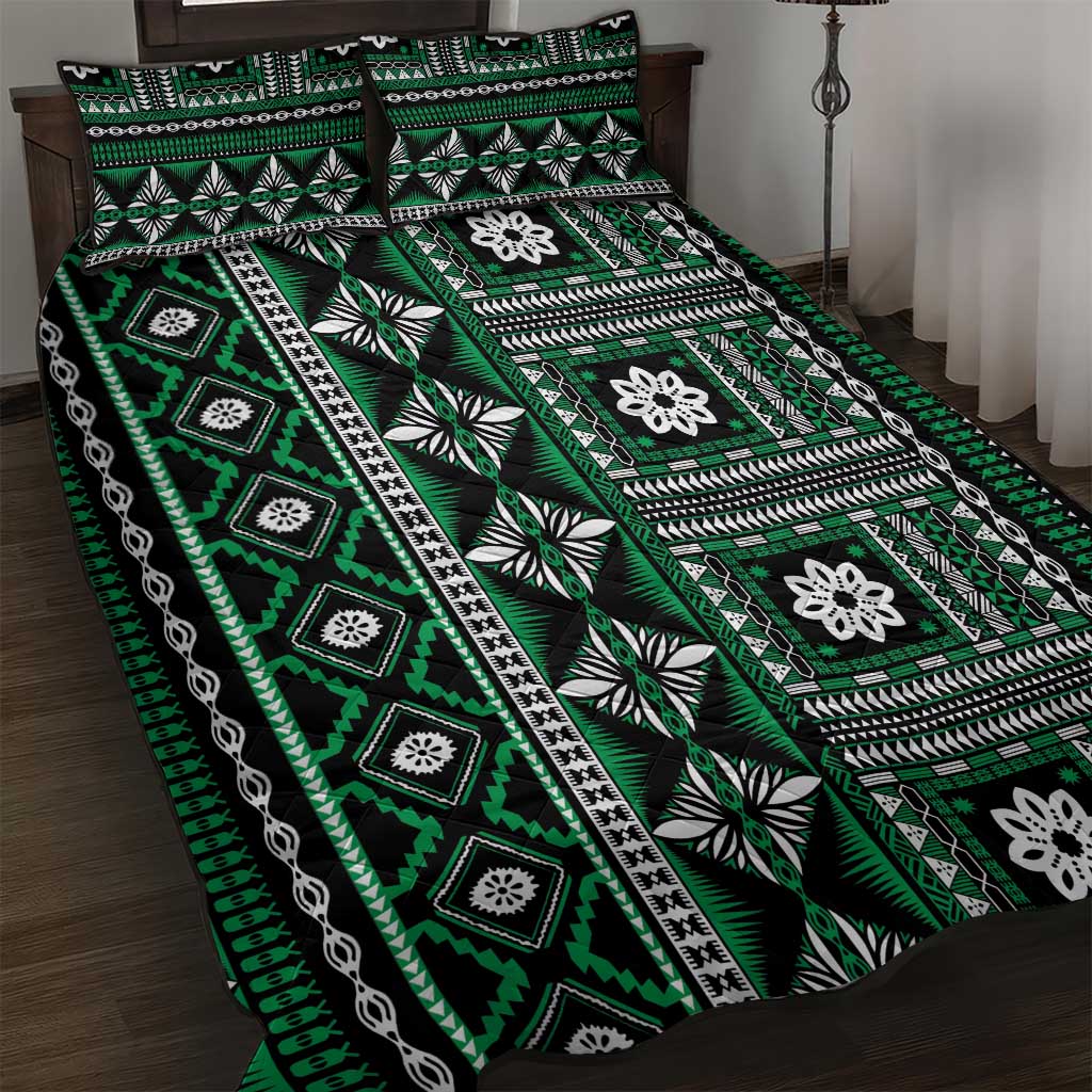 Fiji Masi Tapa Pattern Green Quilt Bed Set - Polynesian Pride