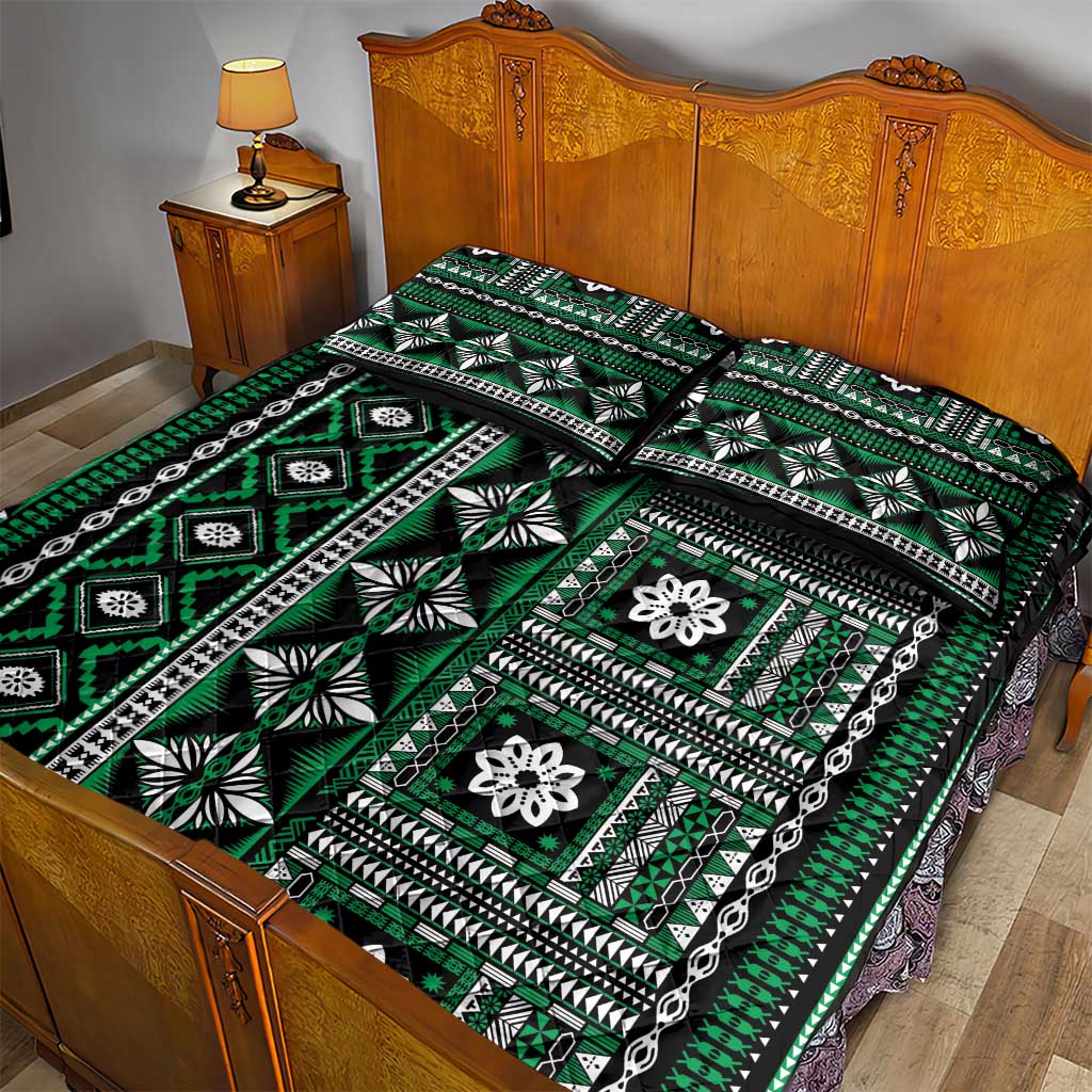 Fiji Masi Tapa Pattern Green Quilt Bed Set - Polynesian Pride