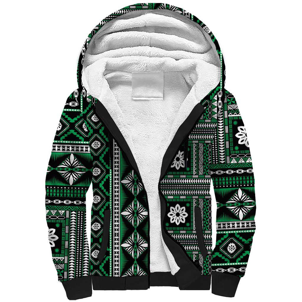 Fiji Masi Tapa Pattern Green Sherpa Hoodie - Polynesian Pride