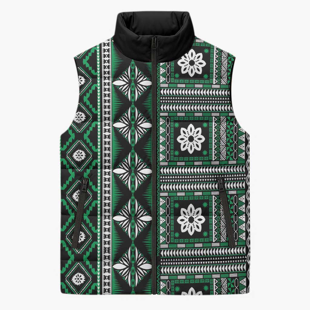 Fiji Masi Tapa Pattern Green Sleeveless Puffer Jacket - Polynesian Pride