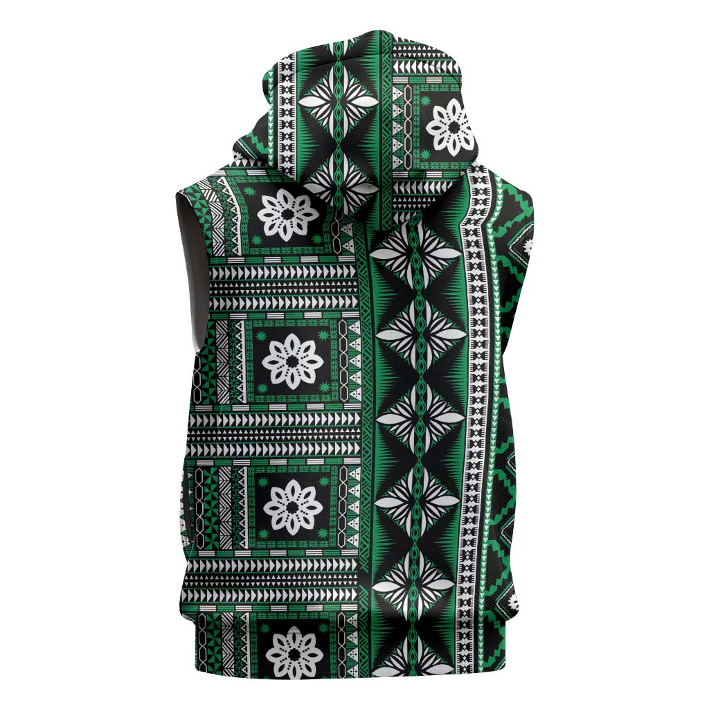 Fiji Masi Tapa Pattern Green Sleeveless Zip Hoodie - Polynesian Pride
