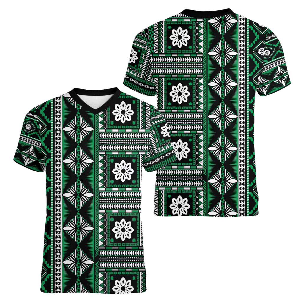 Fiji Masi Tapa Pattern Green Women V-Neck T-Shirt - Polynesian Pride