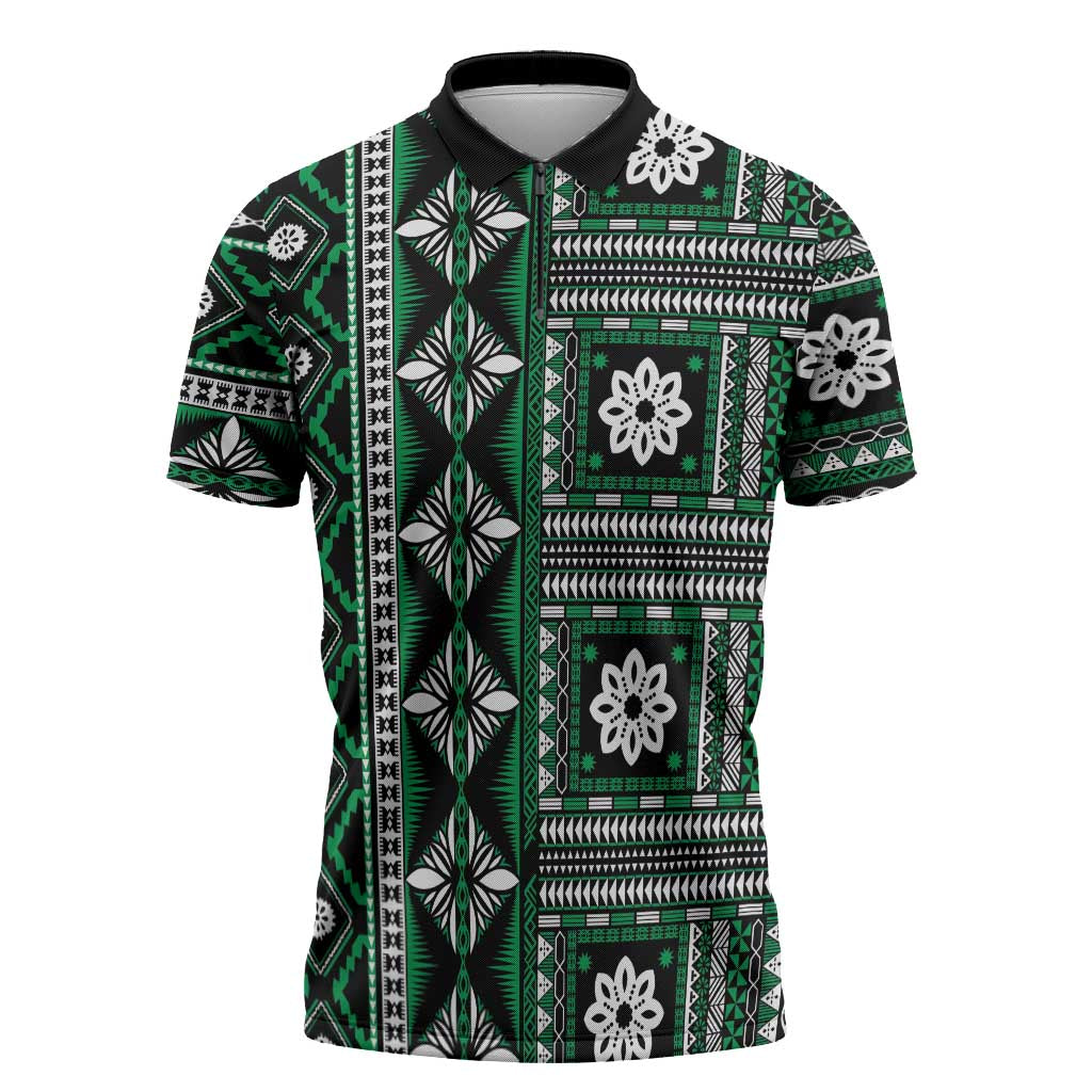 Fiji Masi Tapa Pattern Green Zipper Polo Shirt - Polynesian Pride