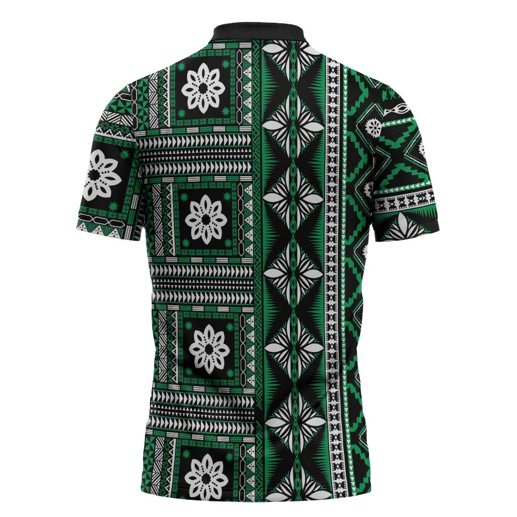 Fiji Masi Tapa Pattern Green Zipper Polo Shirt - Polynesian Pride
