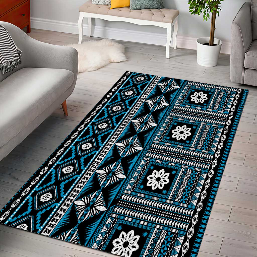 Fiji Masi Tapa Pattern Blue Area Rug - Polynesian Pride