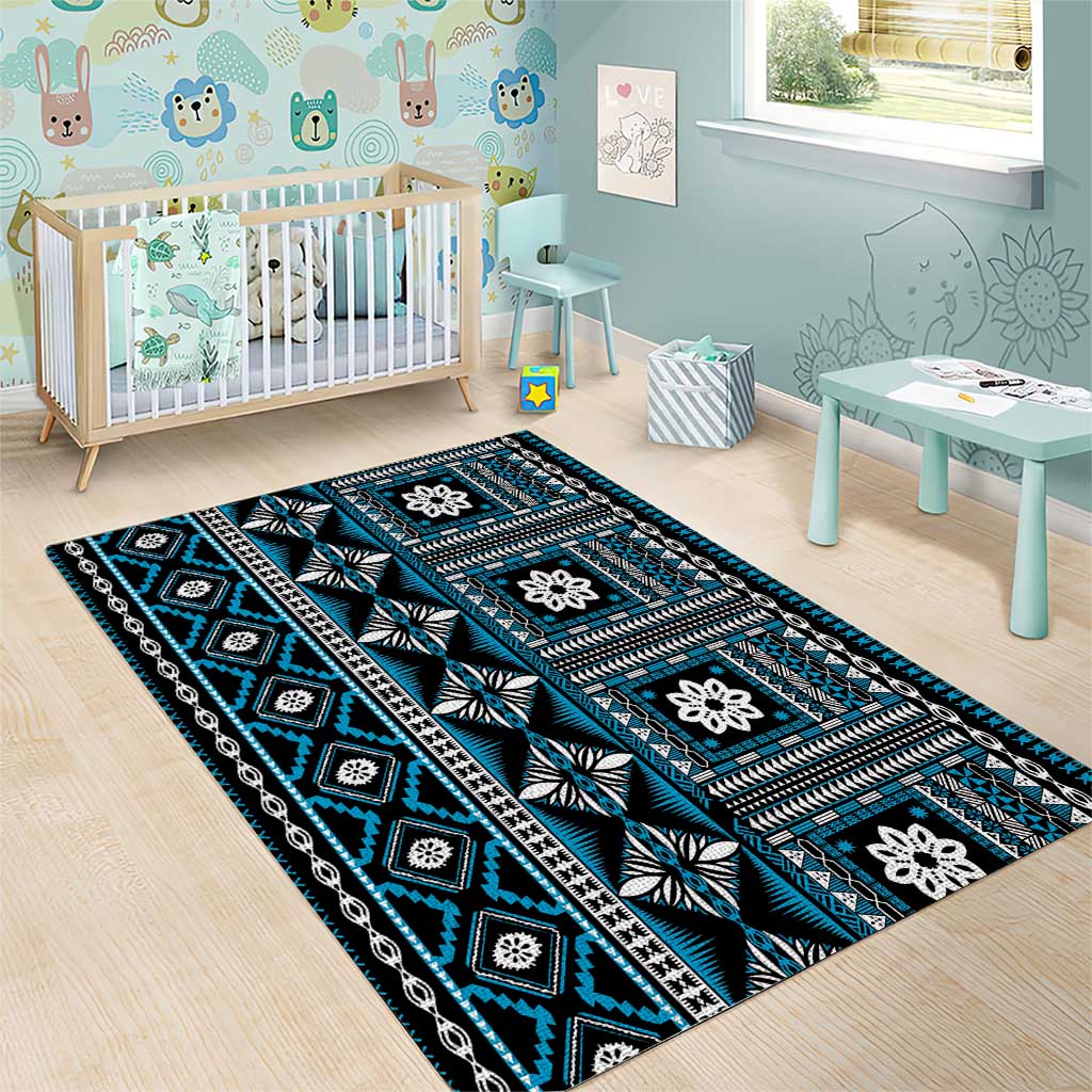 Fiji Masi Tapa Pattern Blue Area Rug - Polynesian Pride