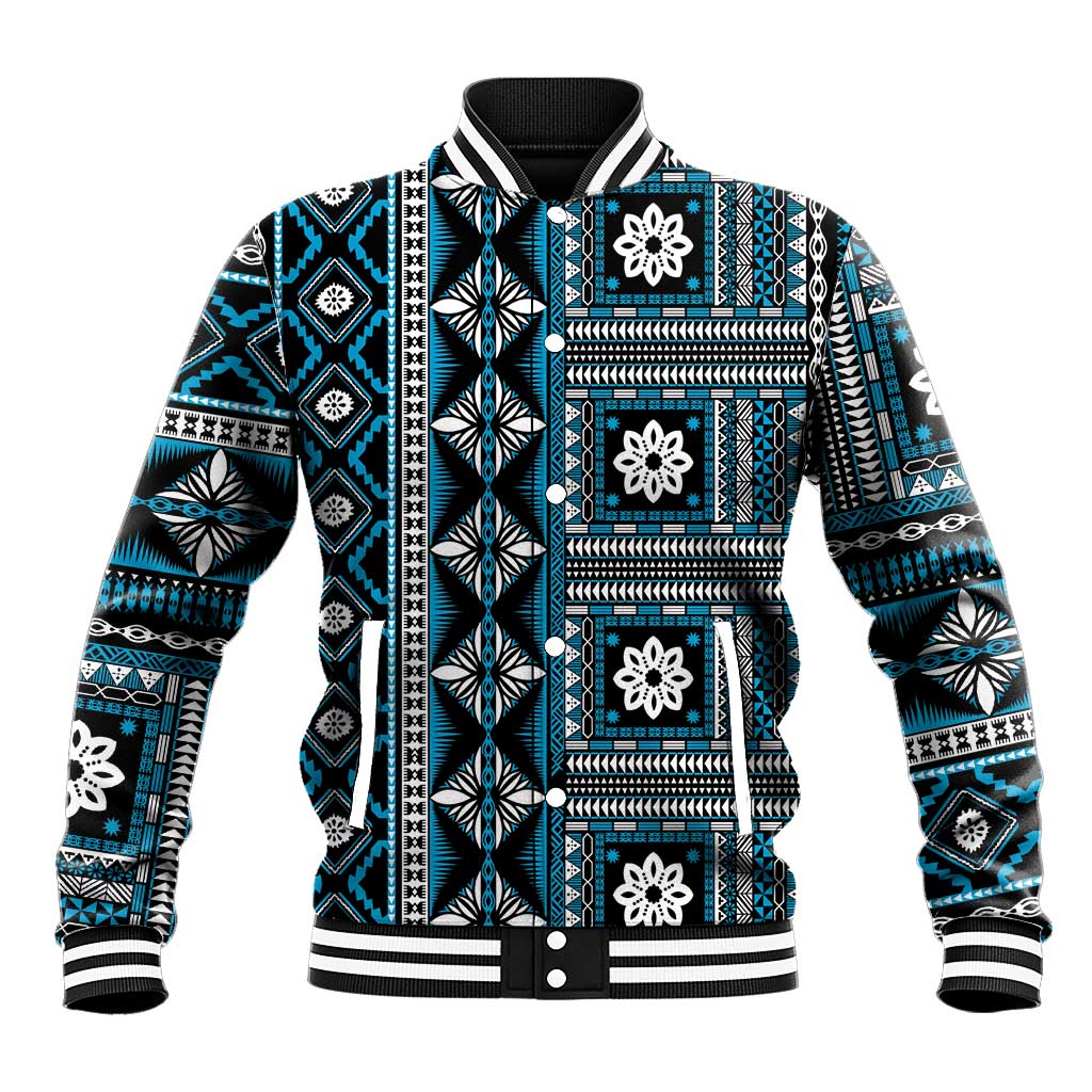 Fiji Masi Tapa Pattern Blue Baseball Jacket - Polynesian Pride