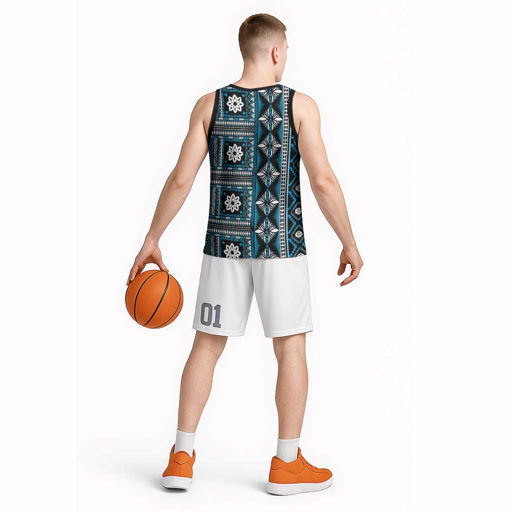 Fiji Masi Tapa Pattern Blue Basketball Jersey - Polynesian Pride