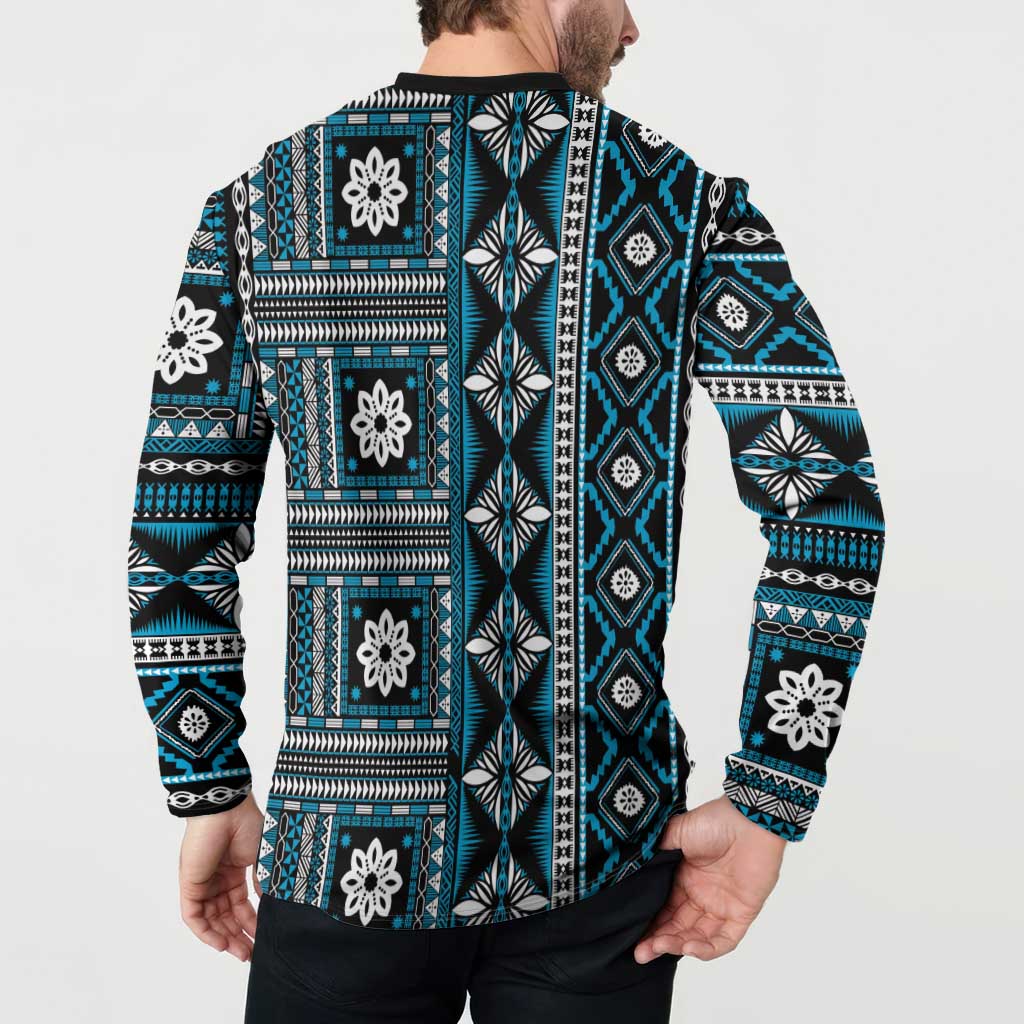 Fiji Masi Tapa Pattern Blue Button Sweatshirt - Polynesian Pride