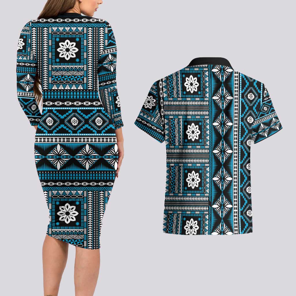 Fiji Masi Tapa Pattern Blue Couples Matching Long Sleeve Bodycon Dress and Hawaiian Shirt - Polynesian Pride