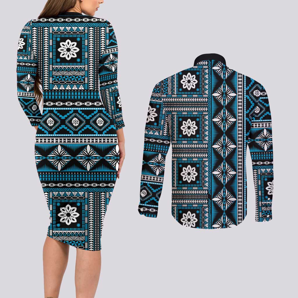 Fiji Masi Tapa Pattern Blue Couples Matching Long Sleeve Bodycon Dress and Long Sleeve Button Shirt - Polynesian Pride