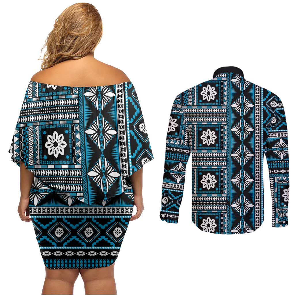 Fiji Masi Tapa Pattern Blue Couples Matching Off Shoulder Short Dress and Long Sleeve Button Shirt - Polynesian Pride