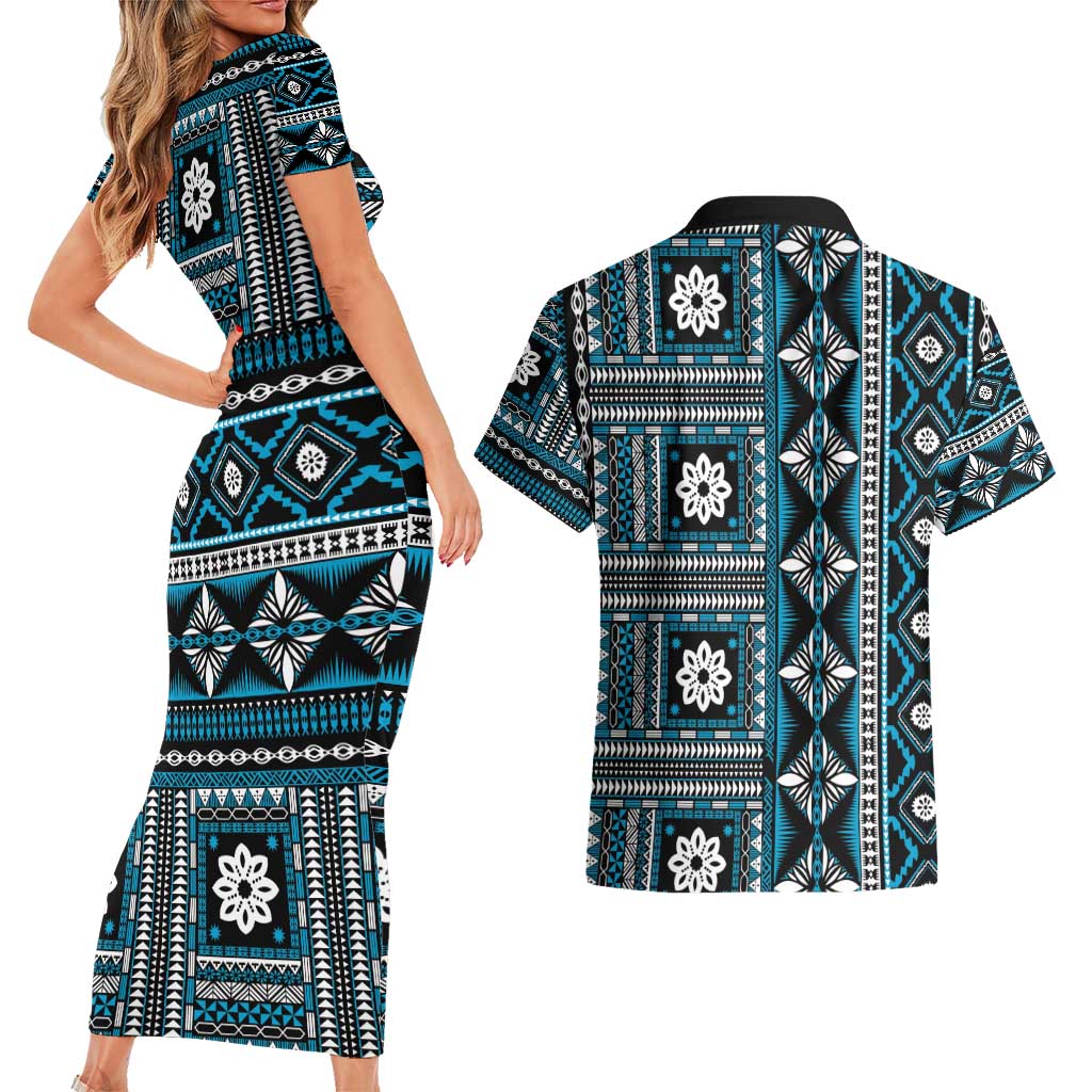 Fiji Masi Tapa Pattern Blue Couples Matching Short Sleeve Bodycon Dress and Hawaiian Shirt - Polynesian Pride