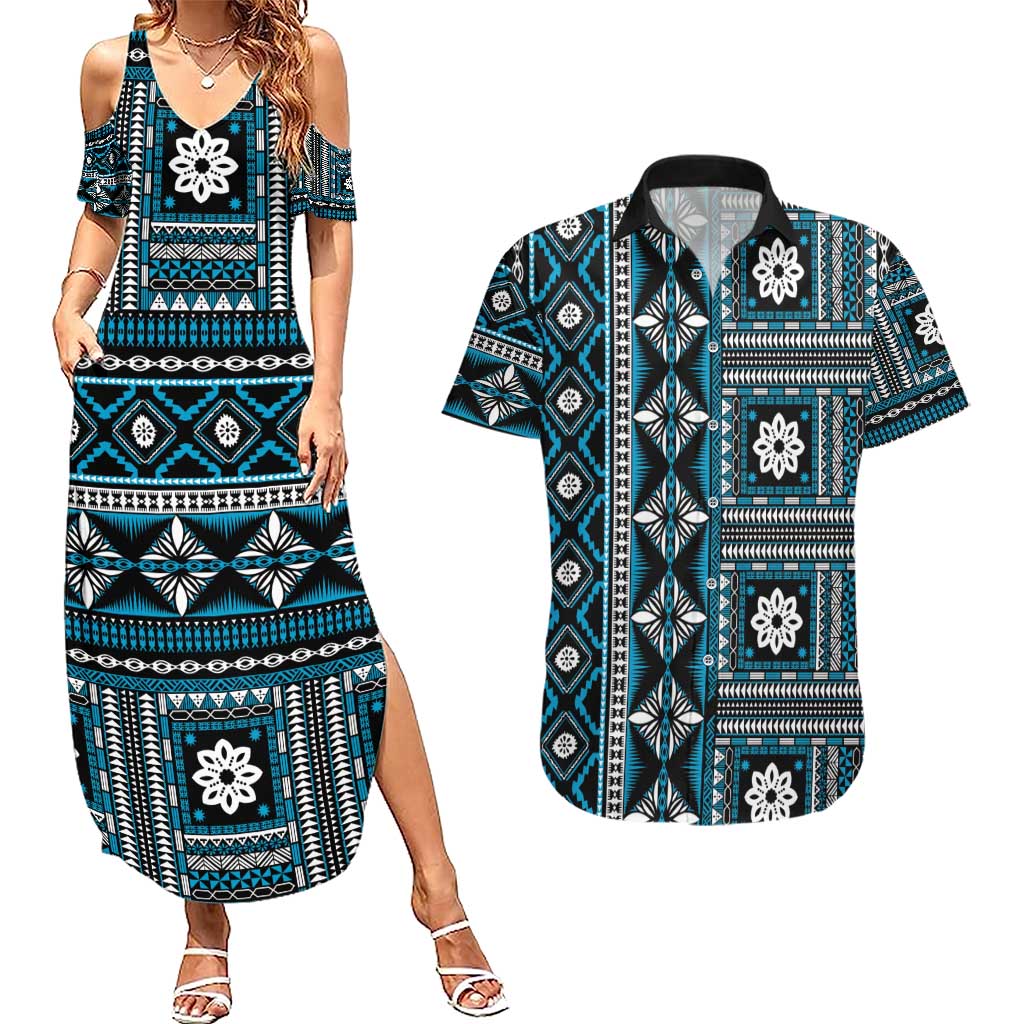 Fiji Masi Tapa Pattern Blue Couples Matching Summer Maxi Dress and Hawaiian Shirt - Polynesian Pride