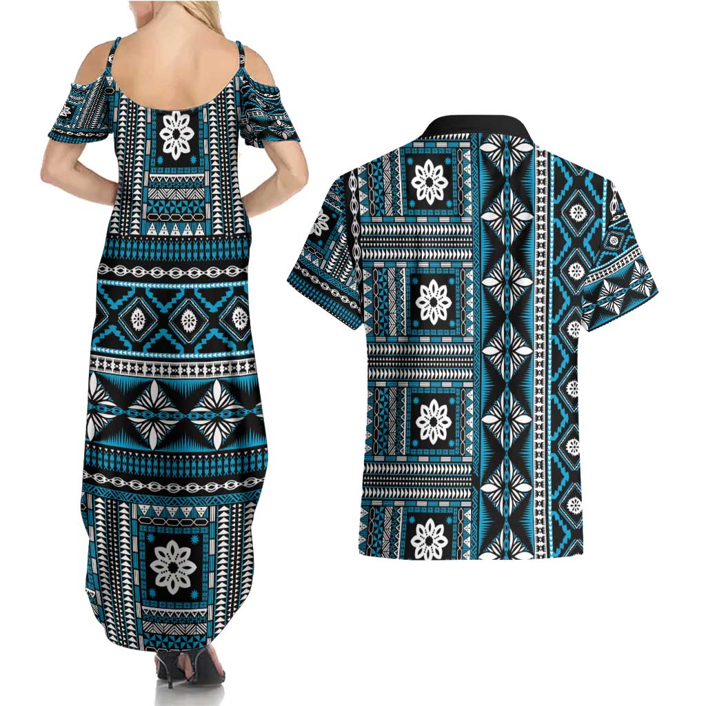 Fiji Masi Tapa Pattern Blue Couples Matching Summer Maxi Dress and Hawaiian Shirt - Polynesian Pride