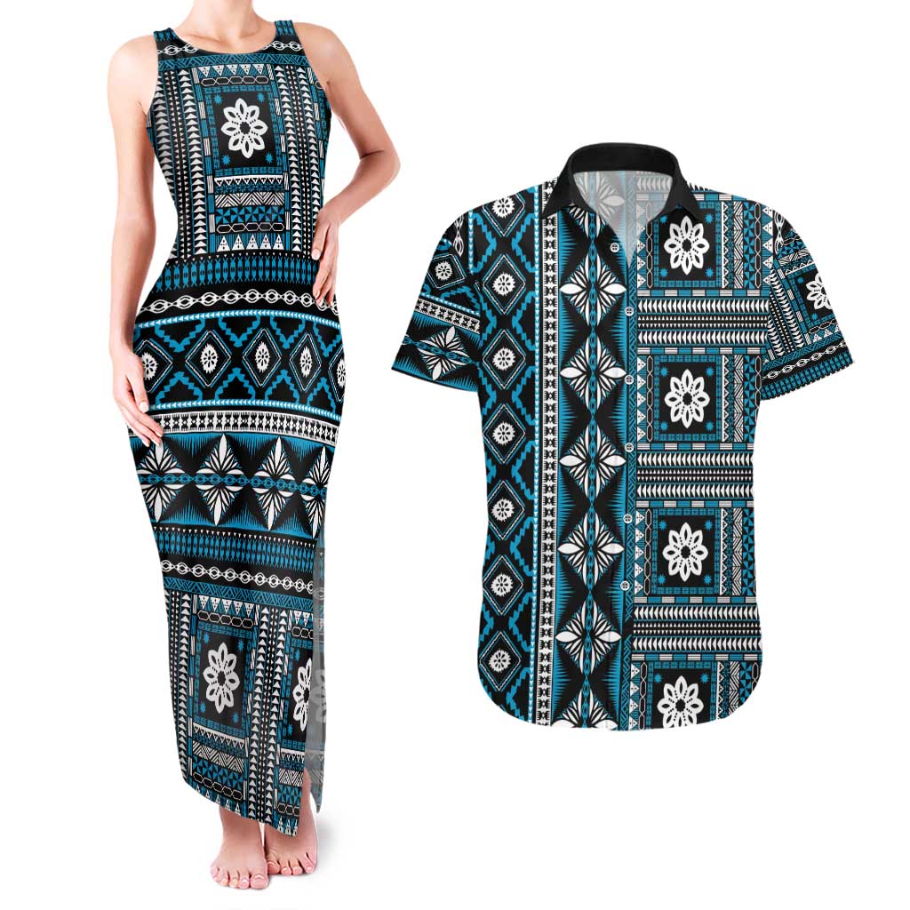 Fiji Masi Tapa Pattern Blue Couples Matching Tank Maxi Dress and Hawaiian Shirt - Polynesian Pride