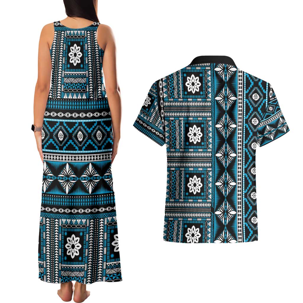 Fiji Masi Tapa Pattern Blue Couples Matching Tank Maxi Dress and Hawaiian Shirt - Polynesian Pride