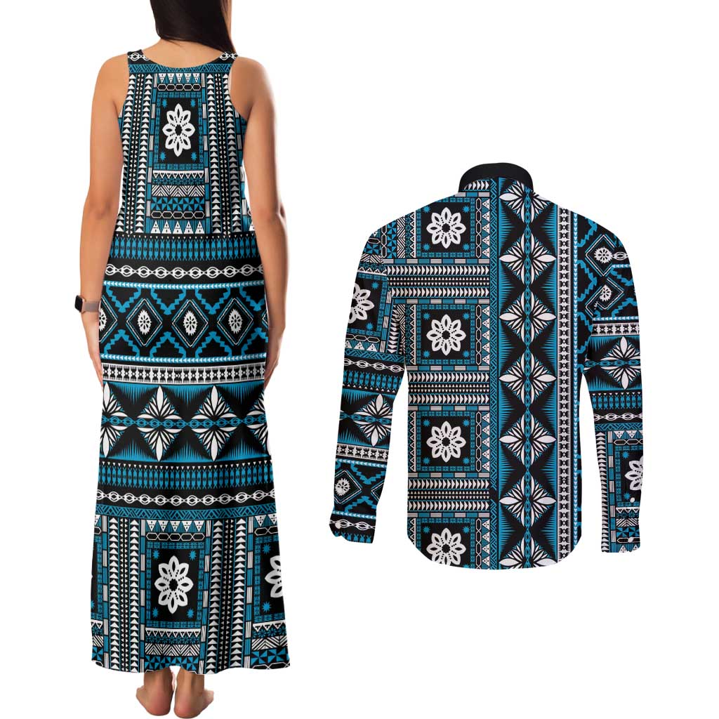 Fiji Masi Tapa Pattern Blue Couples Matching Tank Maxi Dress and Long Sleeve Button Shirt - Polynesian Pride