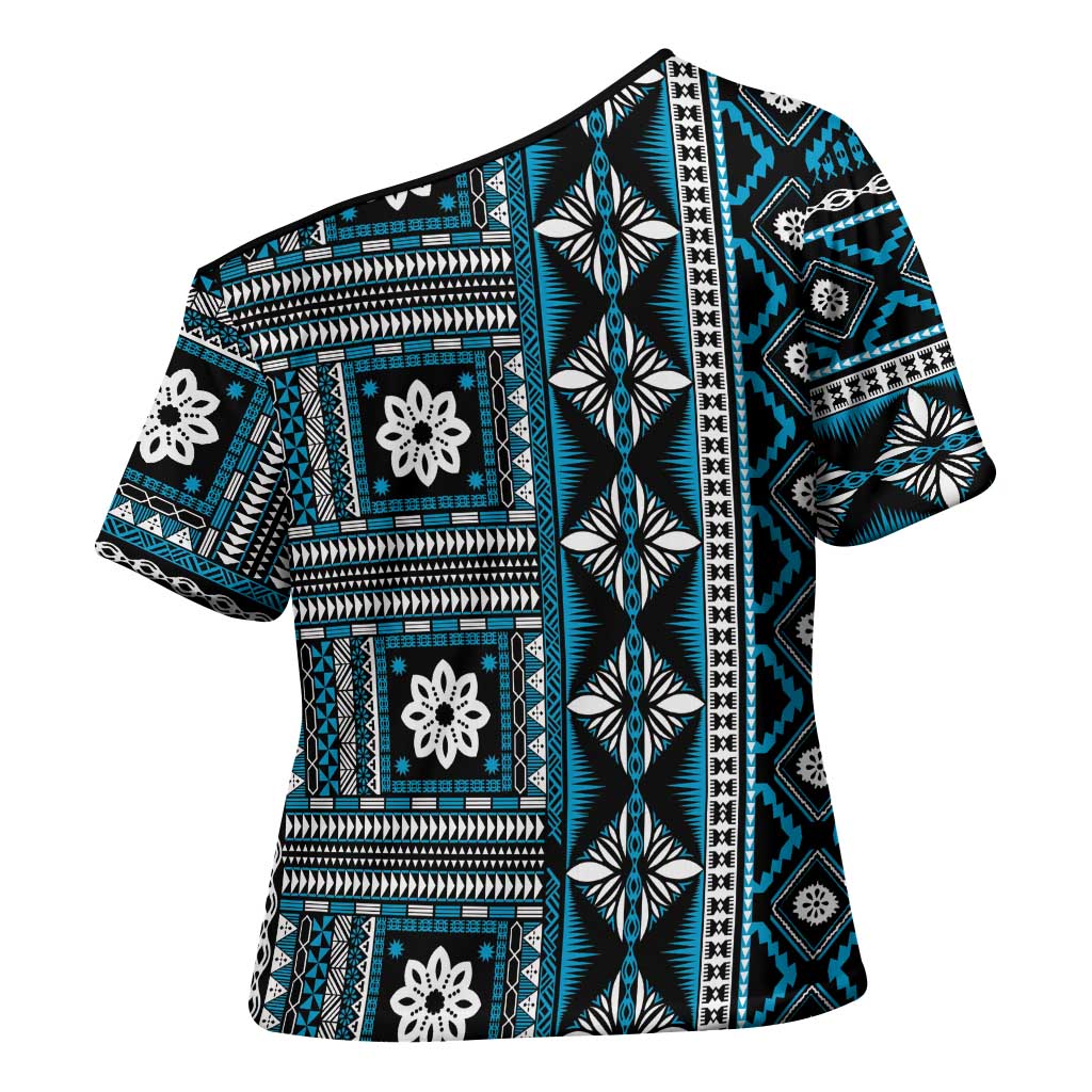 Fiji Masi Tapa Pattern Blue Cross Shoulder Shirt - Polynesian Pride