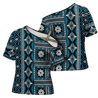 Fiji Masi Tapa Pattern Blue Cross Shoulder Shirt - Polynesian Pride