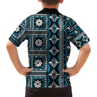 Fiji Masi Tapa Pattern Blue Family Matching Long Sleeve Bodycon Dress and Hawaiian Shirt - Polynesian Pride
