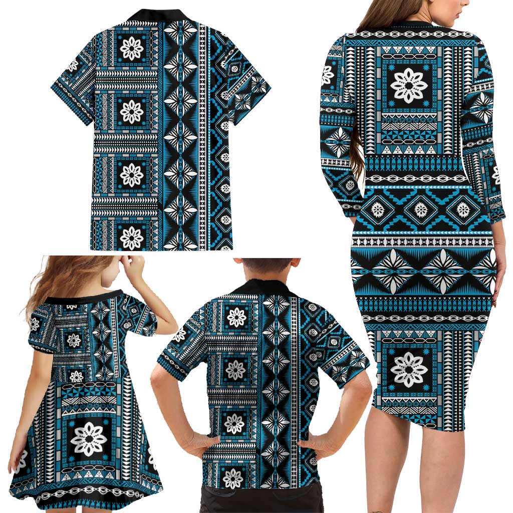 Fiji Masi Tapa Pattern Blue Family Matching Long Sleeve Bodycon Dress and Hawaiian Shirt - Polynesian Pride