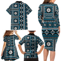 Fiji Masi Tapa Pattern Blue Family Matching Long Sleeve Bodycon Dress and Hawaiian Shirt - Polynesian Pride