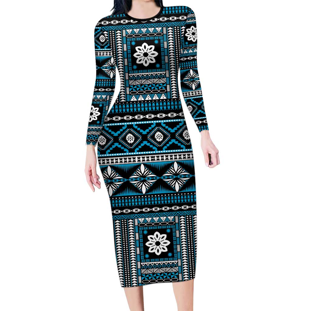 Fiji Masi Tapa Pattern Blue Family Matching Long Sleeve Bodycon Dress and Hawaiian Shirt - Polynesian Pride