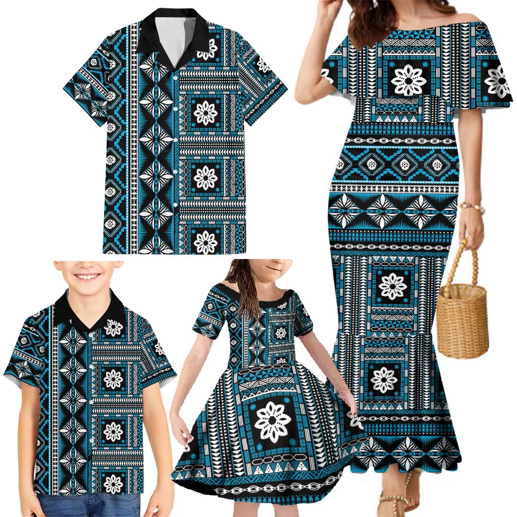Fiji Masi Tapa Pattern Blue Family Matching Mermaid Dress and Hawaiian Shirt - Polynesian Pride