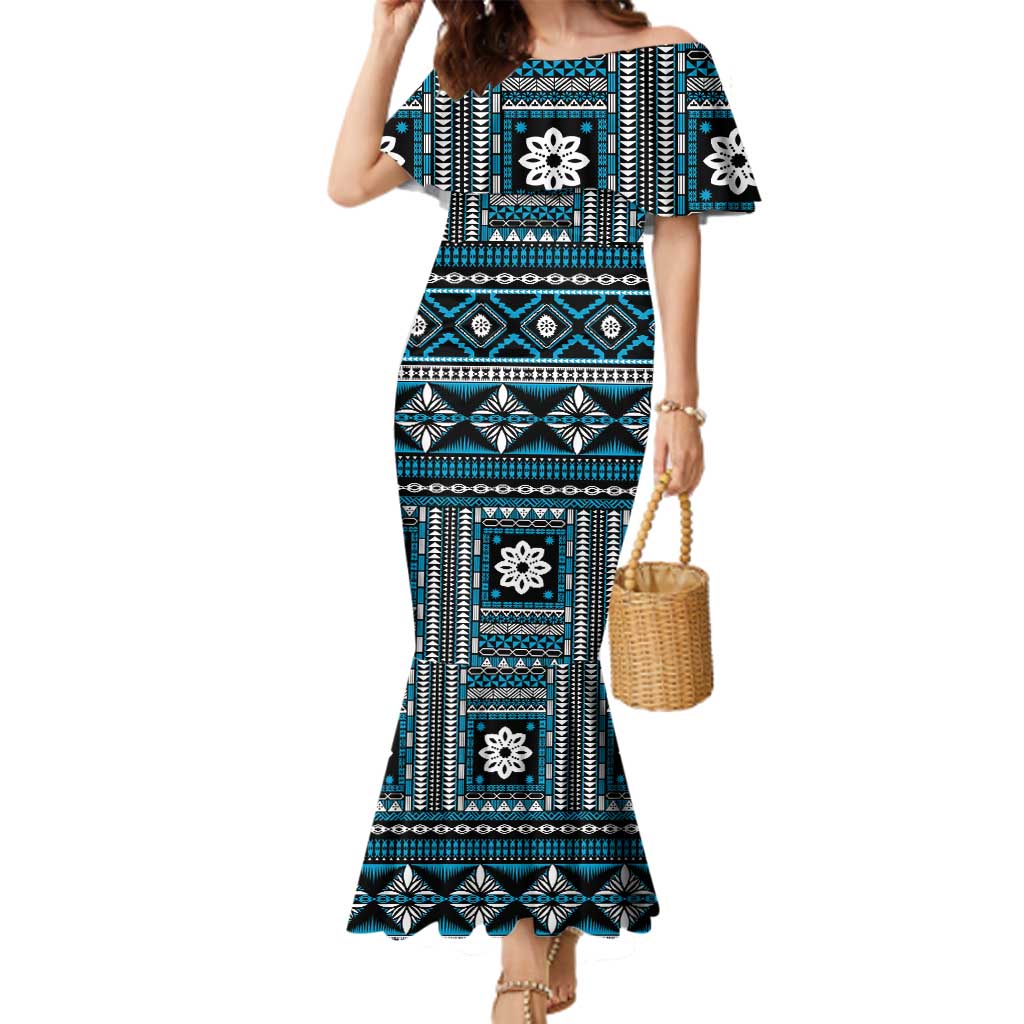 Fiji Masi Tapa Pattern Blue Family Matching Mermaid Dress and Hawaiian Shirt - Polynesian Pride