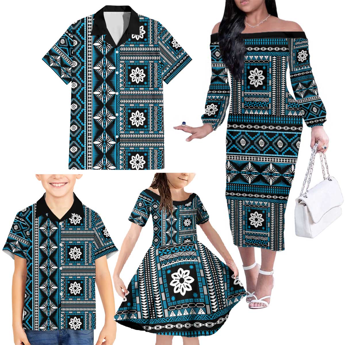 Fiji Masi Tapa Pattern Blue Family Matching Off The Shoulder Long Sleeve Dress and Hawaiian Shirt - Polynesian Pride