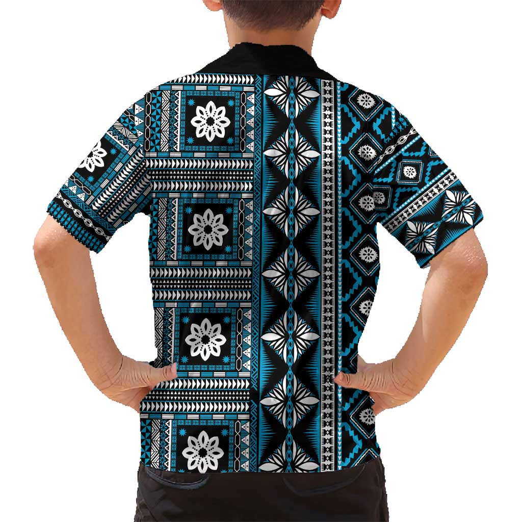 Fiji Masi Tapa Pattern Blue Family Matching Off Shoulder Maxi Dress and Hawaiian Shirt - Polynesian Pride