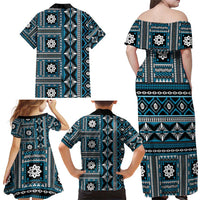 Fiji Masi Tapa Pattern Blue Family Matching Off Shoulder Maxi Dress and Hawaiian Shirt - Polynesian Pride