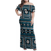 Fiji Masi Tapa Pattern Blue Family Matching Off Shoulder Maxi Dress and Hawaiian Shirt - Polynesian Pride