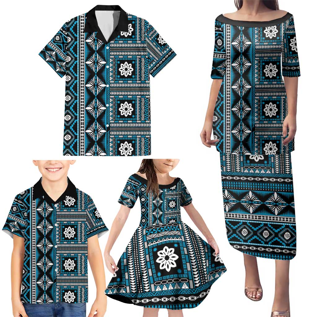 Fiji Masi Tapa Pattern Blue Family Matching Puletasi and Hawaiian Shirt - Polynesian Pride