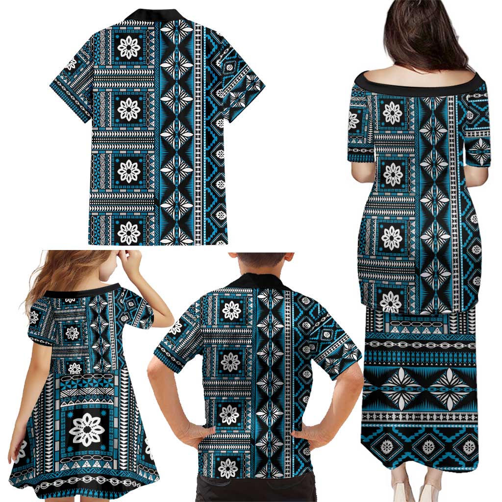 Fiji Masi Tapa Pattern Blue Family Matching Puletasi and Hawaiian Shirt - Polynesian Pride