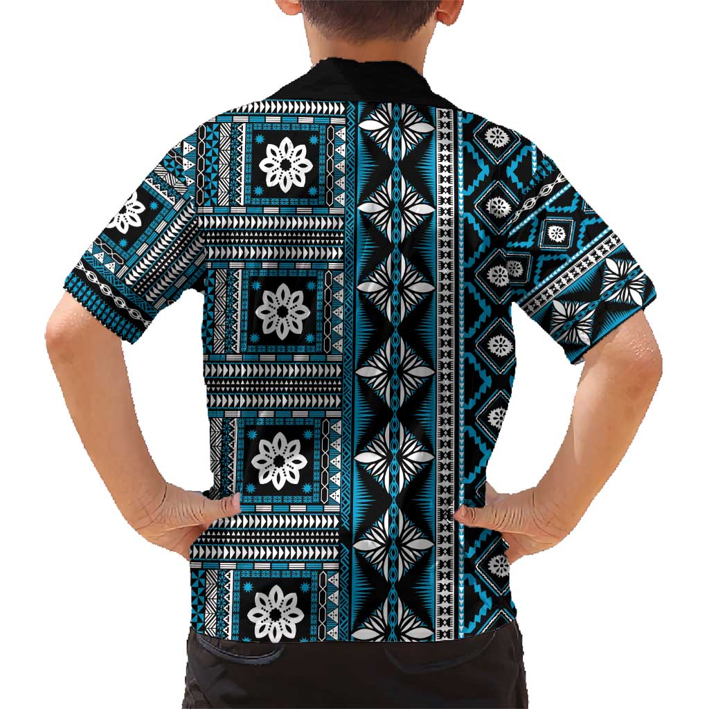 Fiji Masi Tapa Pattern Blue Family Matching Short Sleeve Bodycon Dress and Hawaiian Shirt - Polynesian Pride