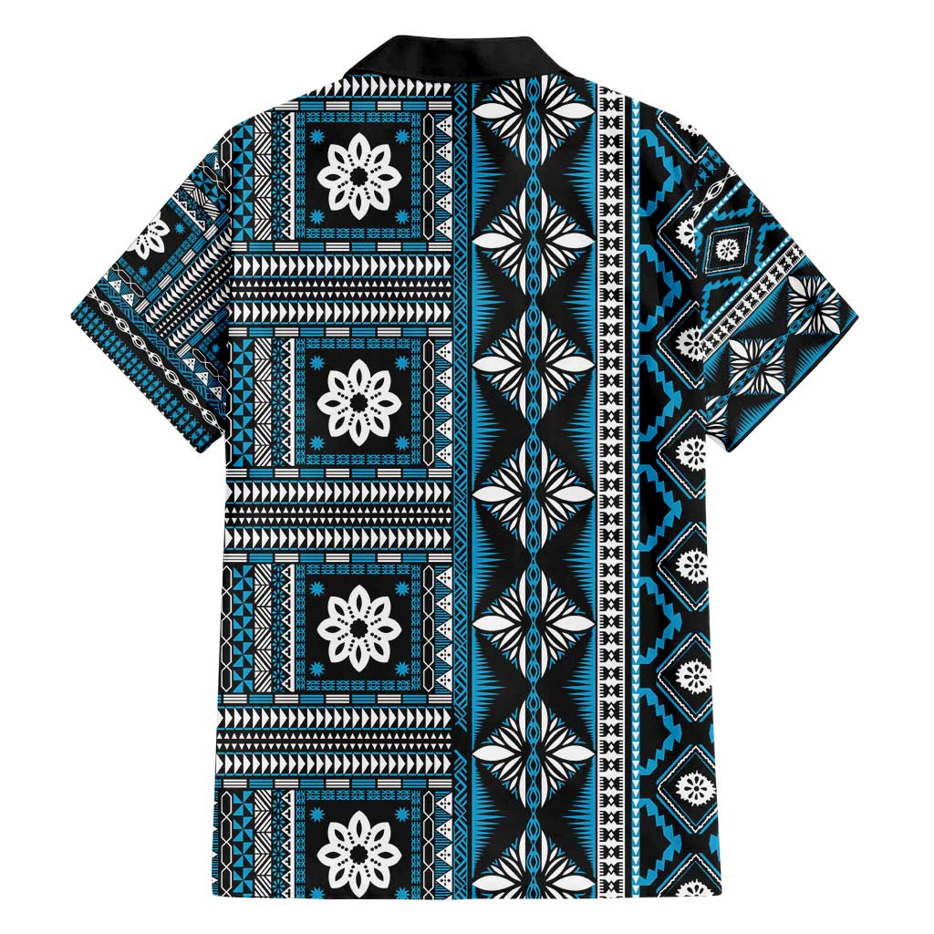 Fiji Masi Tapa Pattern Blue Family Matching Short Sleeve Bodycon Dress and Hawaiian Shirt - Polynesian Pride