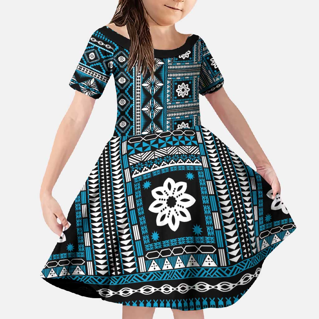 Fiji Masi Tapa Pattern Blue Family Matching Summer Maxi Dress and Hawaiian Shirt - Polynesian Pride