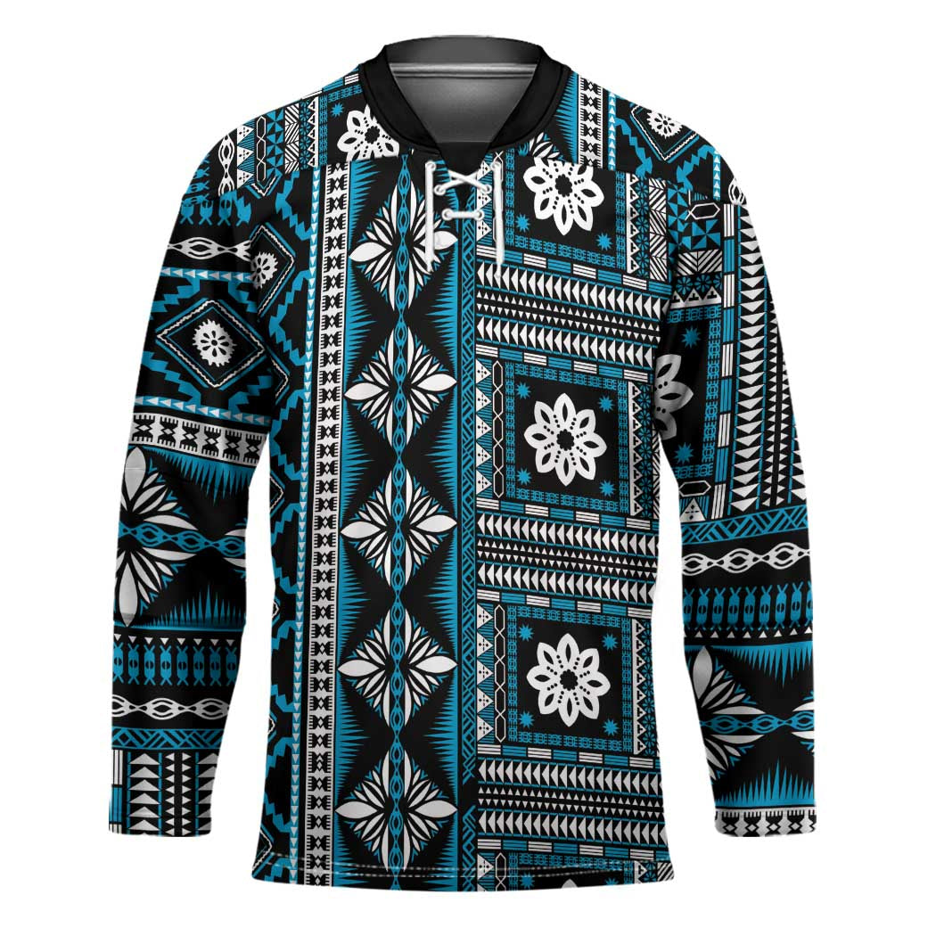 Fiji Masi Tapa Pattern Blue Hockey Jersey - Polynesian Pride