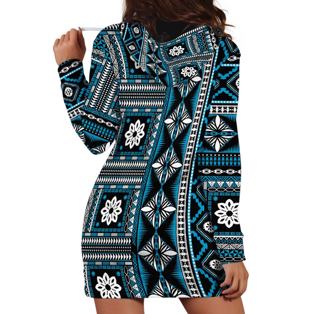 Fiji Masi Tapa Pattern Blue Hoodie Dress - Polynesian Pride