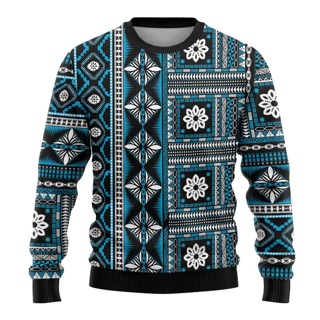 Fiji Masi Tapa Pattern Blue Ugly Christmas Sweater - Polynesian Pride