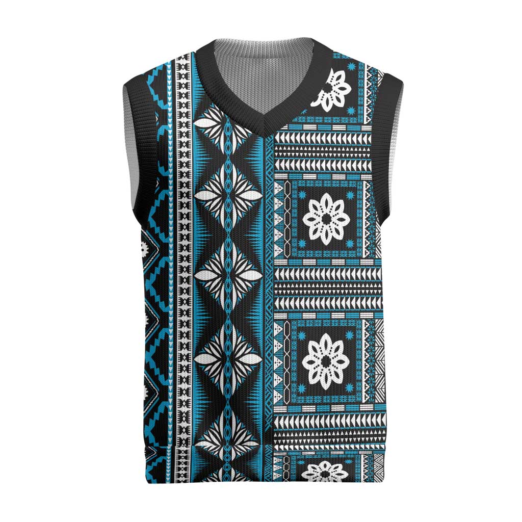 Fiji Masi Tapa Pattern Blue Christmas Knitted V-Neck Vest - Polynesian Pride
