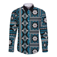 Fiji Masi Tapa Pattern Blue Long Sleeve Button Shirt - Polynesian Pride