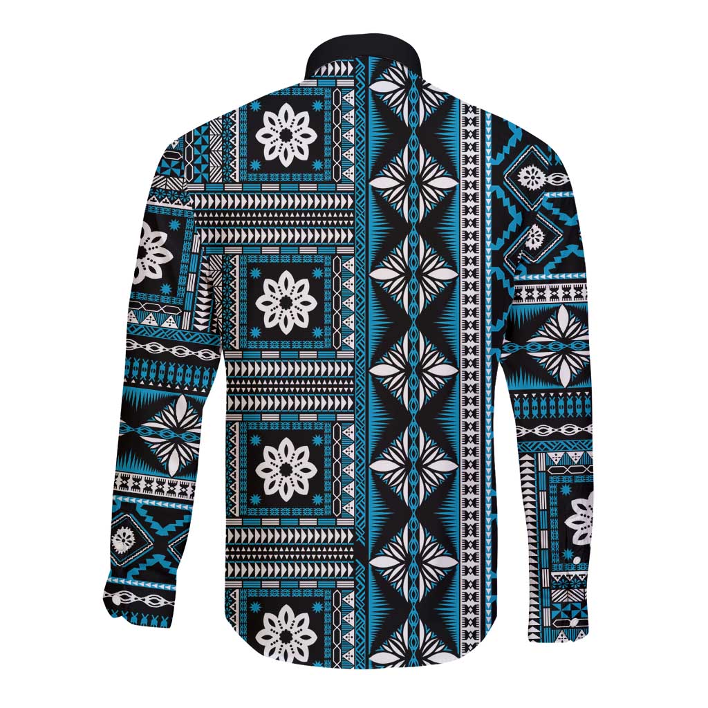 Fiji Masi Tapa Pattern Blue Long Sleeve Button Shirt - Polynesian Pride
