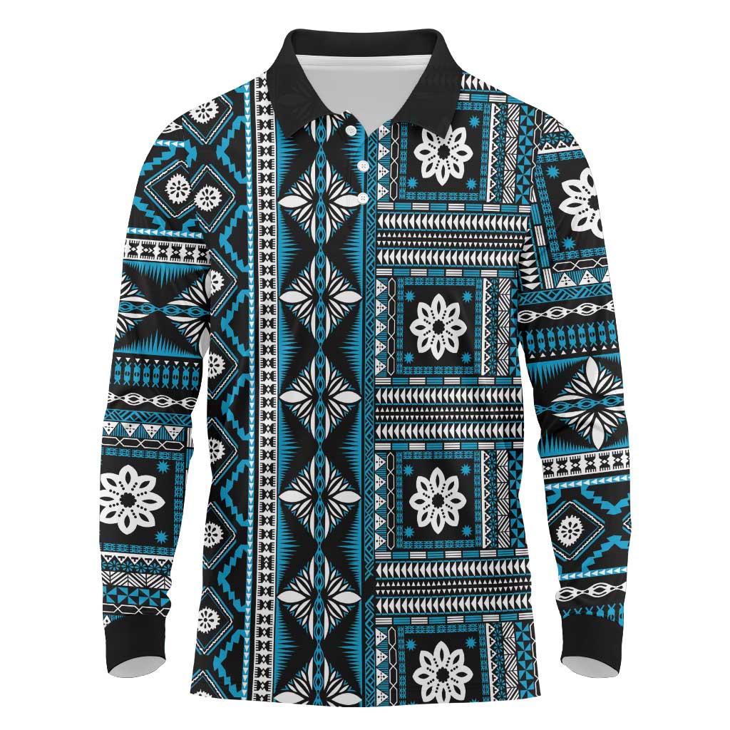 Fiji Masi Tapa Pattern Blue Long Sleeve Polo Shirt - Polynesian Pride